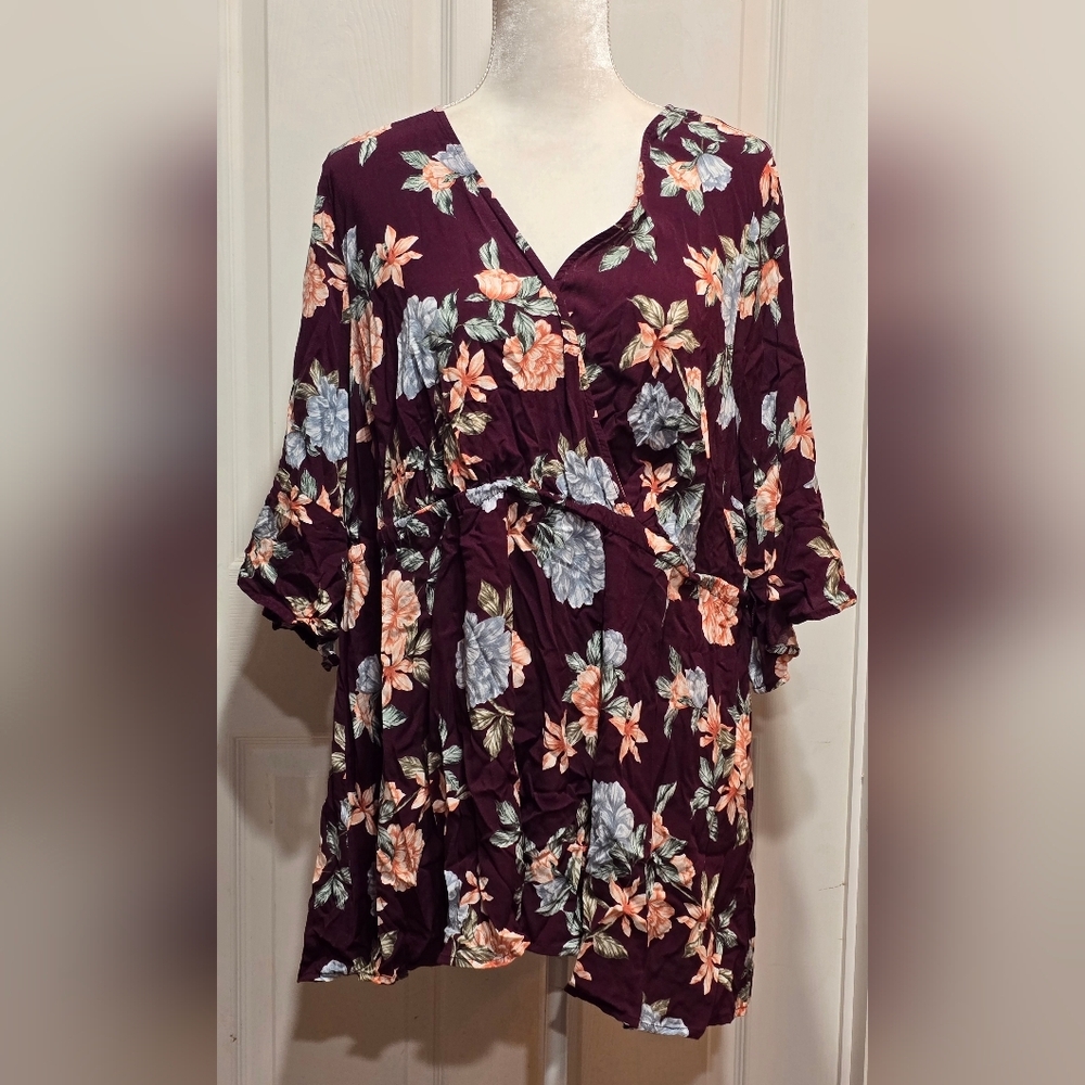Torrid Floral Challis Surplice Burgundy Top Size 22/24